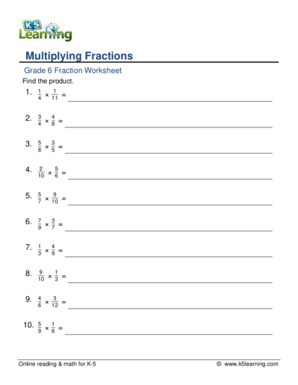 Multiplying Fractions Worksheet with Solutions