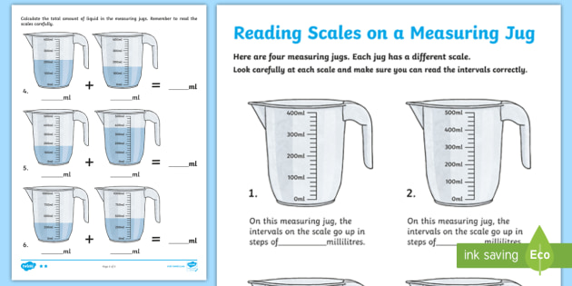 Maths Reading Scales on a Measuring Jug Differentiated Worksheets