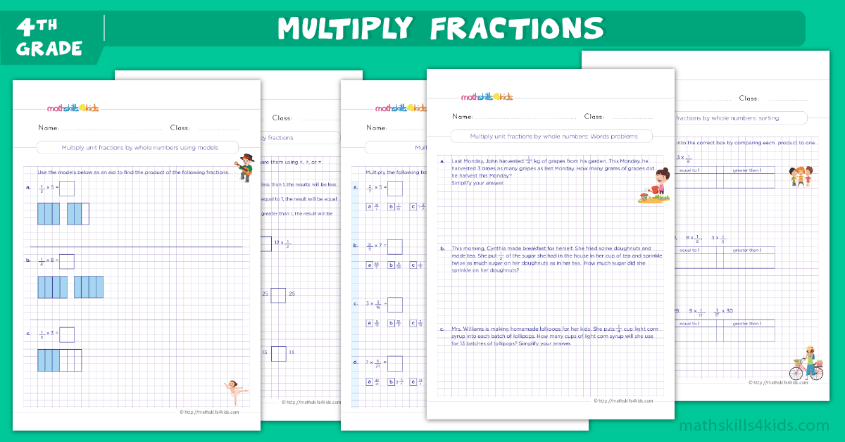 Printable 4th Grade multiplying fractions worksheet: Free download