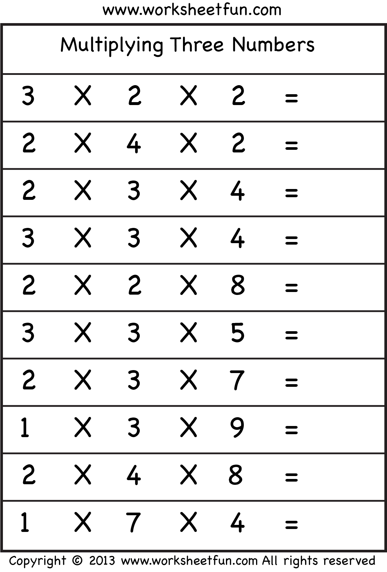 Multiplying 3 Numbers - Three Worksheets / FREE Printable ...