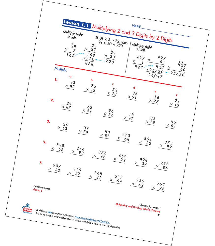 Multiplying 2 and 3 Digits by 2 Digits Free Printable | Carson Dellosa