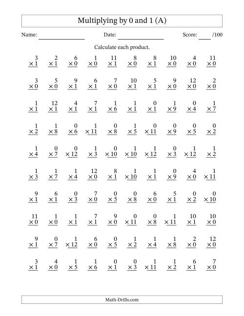 Multiplying (1 to 12) by 0 and 1 (100 Questions) (A)