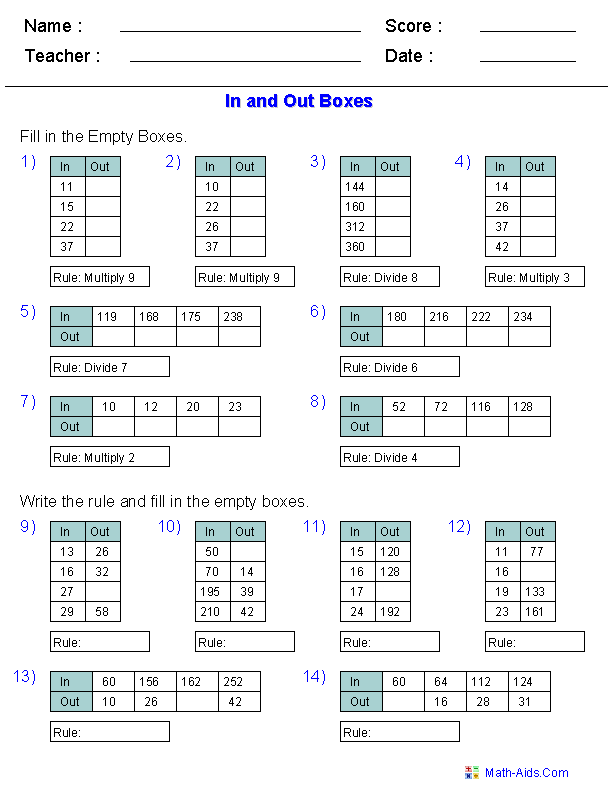 Function Table Worksheets | Function Table &  In and Out Boxes ...