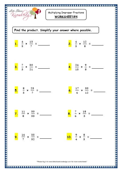multiplying improper fractions worksheet