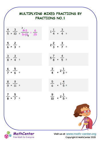 Multiplying Mixed Fractions by Fractions Worksheet No 1
