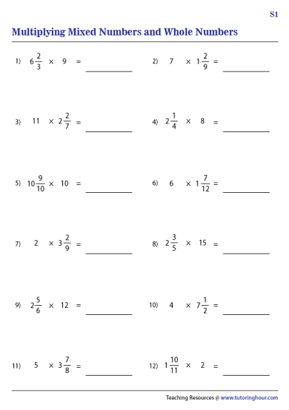 Multiplying Mixed Numbers with Whole Numbers Worksheets