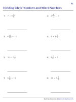 Dividing Mixed Numbers and Whole Numbers Worksheets