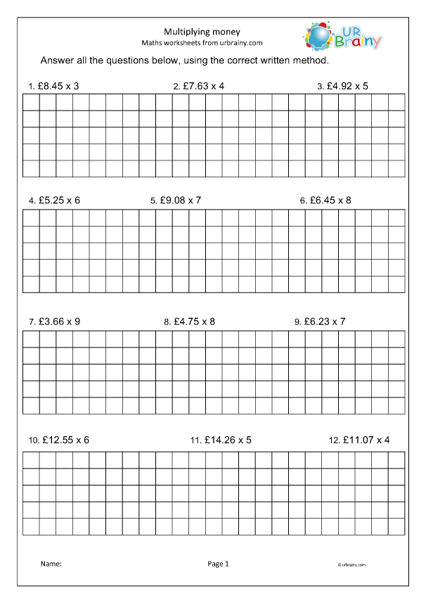 Multiplying money Multiplication by URBrainy com Worksheets Library