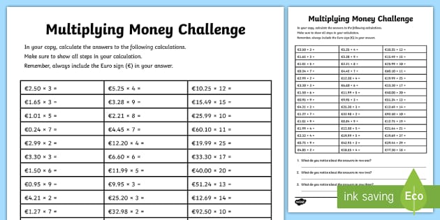 Multiplying Money Challenge Worksheet (teacher made)