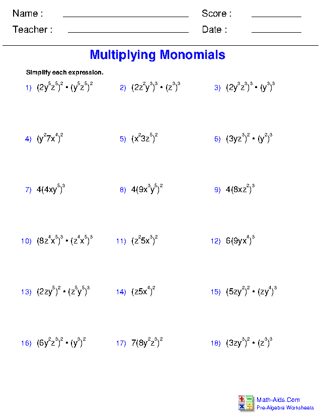 Pre-Algebra Worksheets | Monomials and Polynomials Worksheets