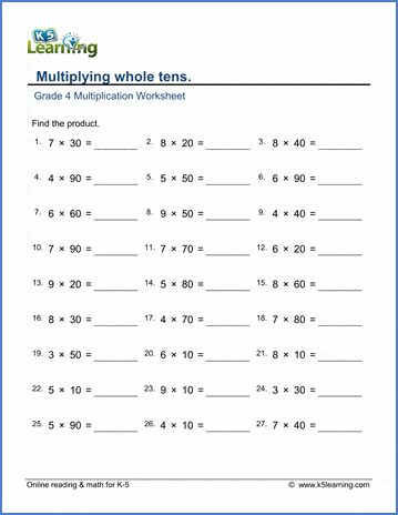 Multiplying whole tens | Worsheets library