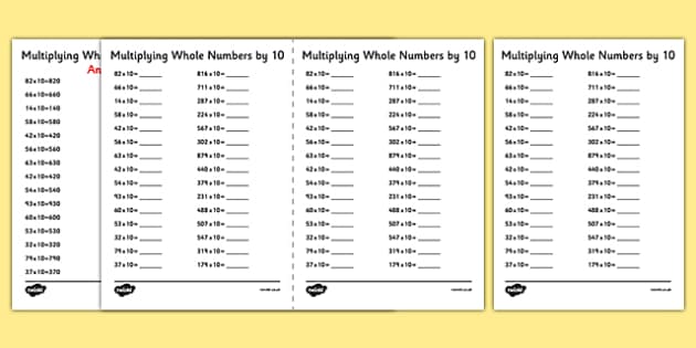 Multiplying Whole Numbers by 10 A5 Worksheet / Worksheet