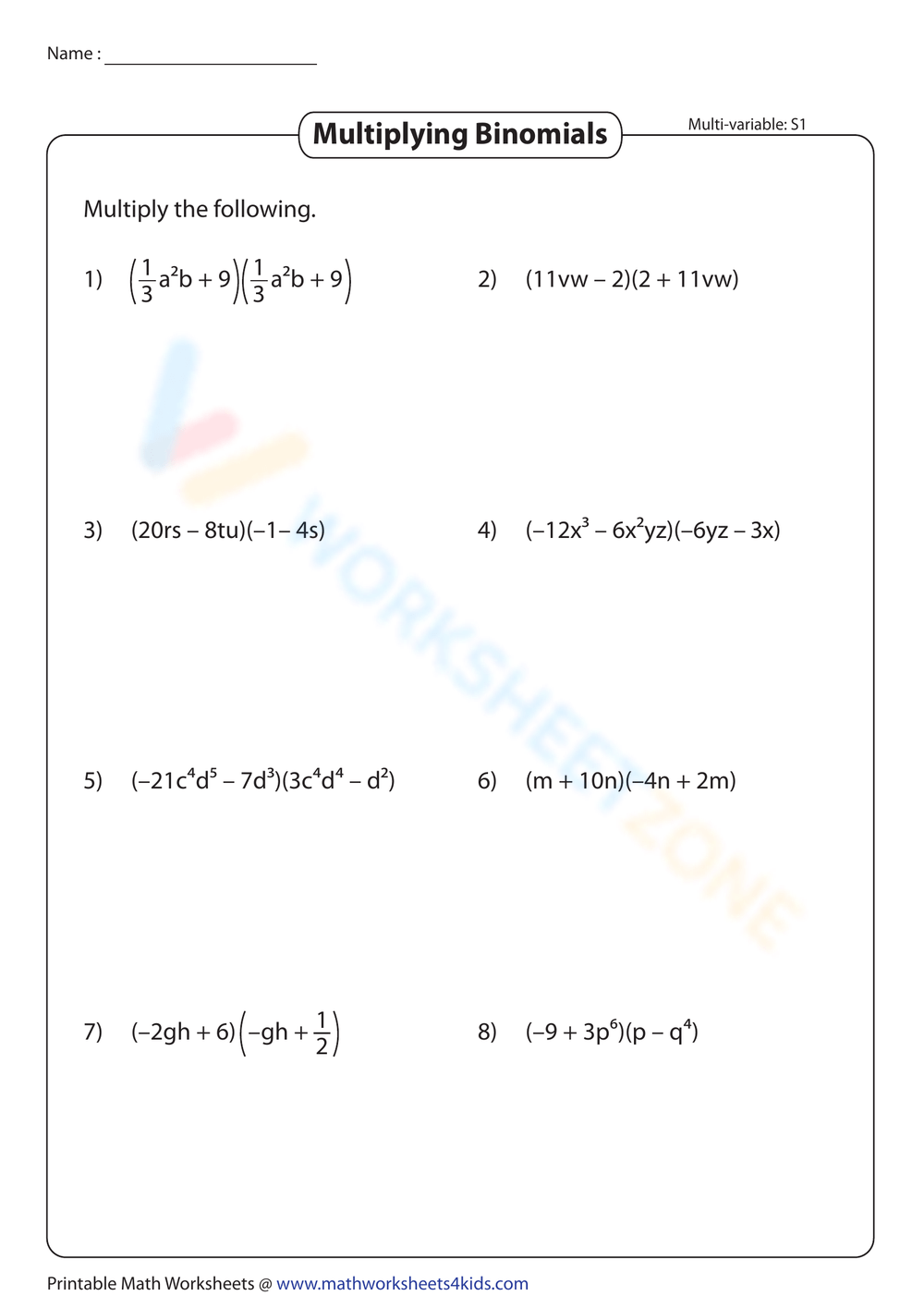 Grade 9 Multiplying Binomials Worksheets 2024