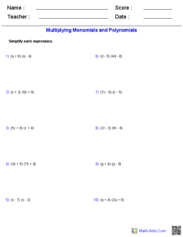 Pre-Algebra Worksheets | Monomials and Polynomials Worksheets ...