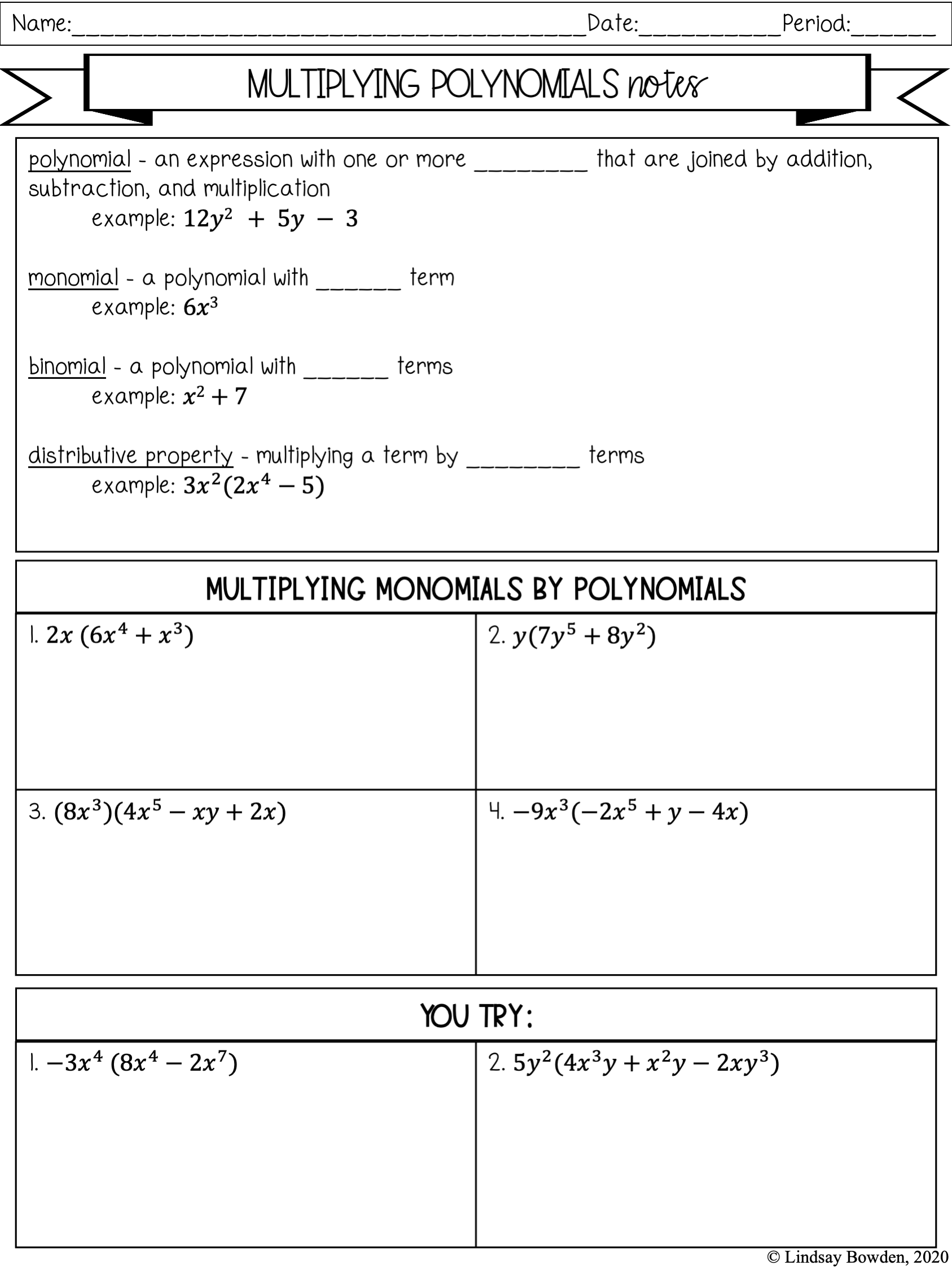 Multiplying Polynomials Notes and Worksheets Lindsay Bowden Multiplying Polynomials Notes and Worksheets Lindsay Bowden