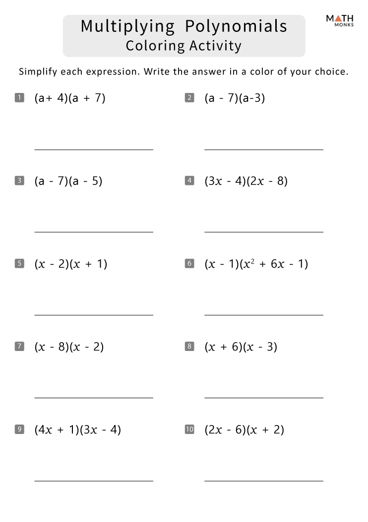 Multiplying Polynomials Worksheets - Math Monks