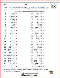 multiplying positive and negative numbers worksheet