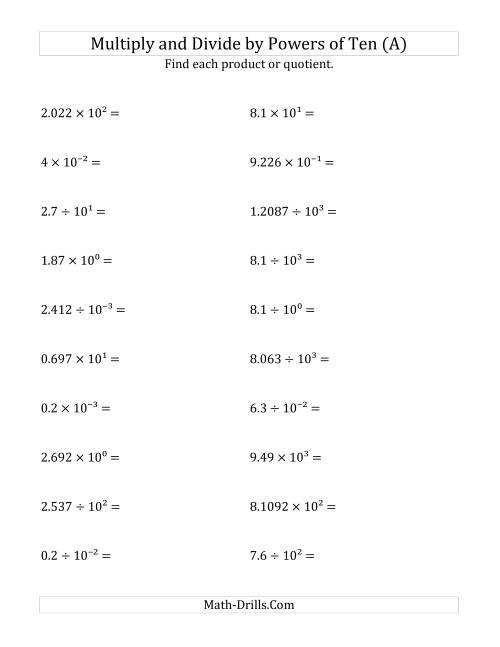 multiplying powers of 10 worksheet