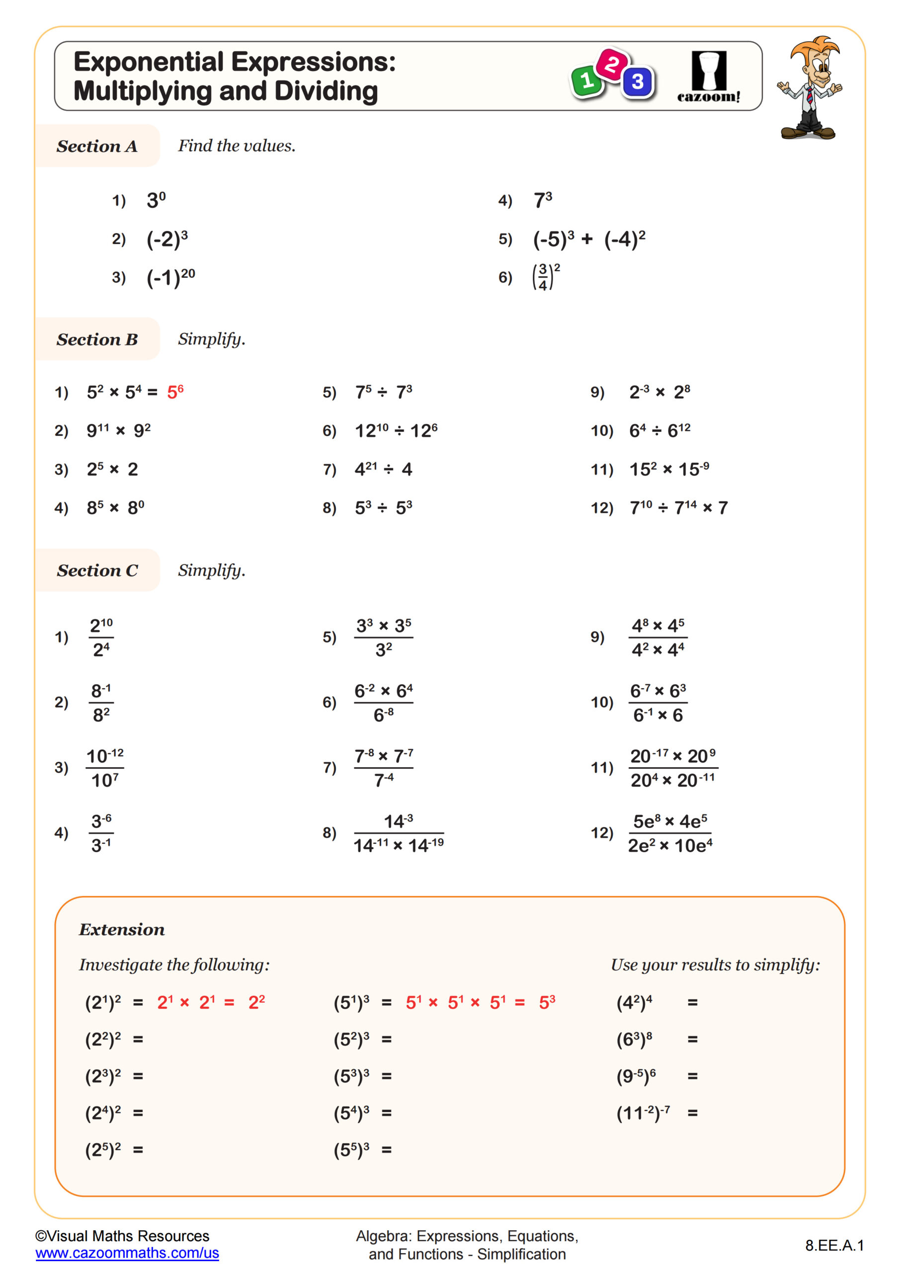 ? Laws of Indices Multiplying, Dividing and Brackets Worksheet