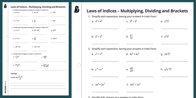 ? Laws of Indices: Multiplying, Dividing and Brackets Worksheet