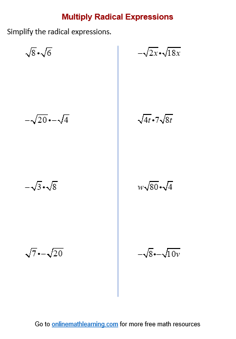 multiplying radicals worksheet answers