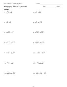 Multiplying Radical Expressions Worksheet for 10th - 11th Grade ...
