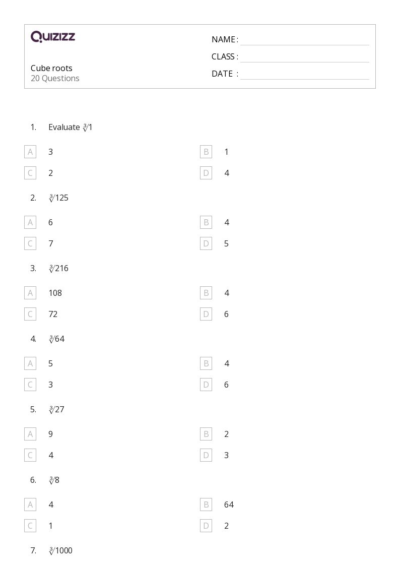 50+ cube roots worksheets on Quizizz | Free &  Printable