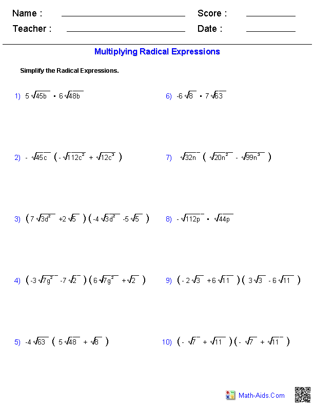 Algebra 1 Worksheets | Radical Expressions Worksheets