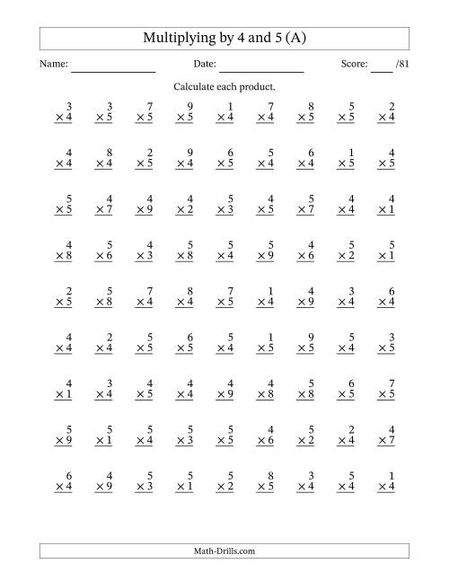Multiplying (1 to 9) by 4 and 5 (81 Questions) (A)