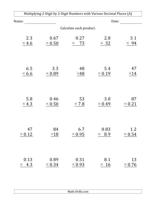 Multiplying 2-Digit by 2-Digit Numbers with Various Decimal Places (A)