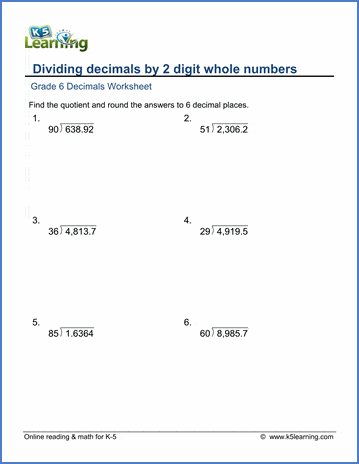 Grade 6 Math Worksheets: Divide decimals by 2-digit whole numbers ...