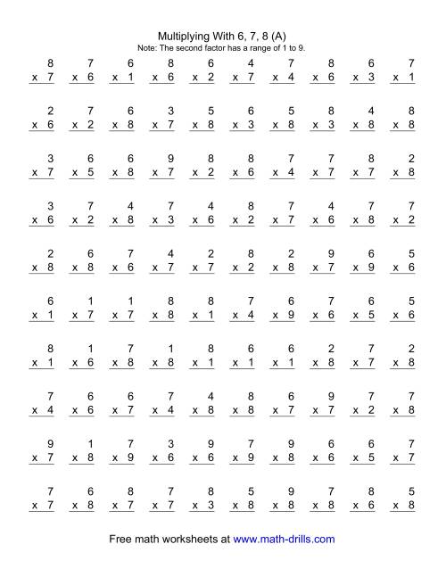 multiplying with 6 7 and 8 math drill work sheets