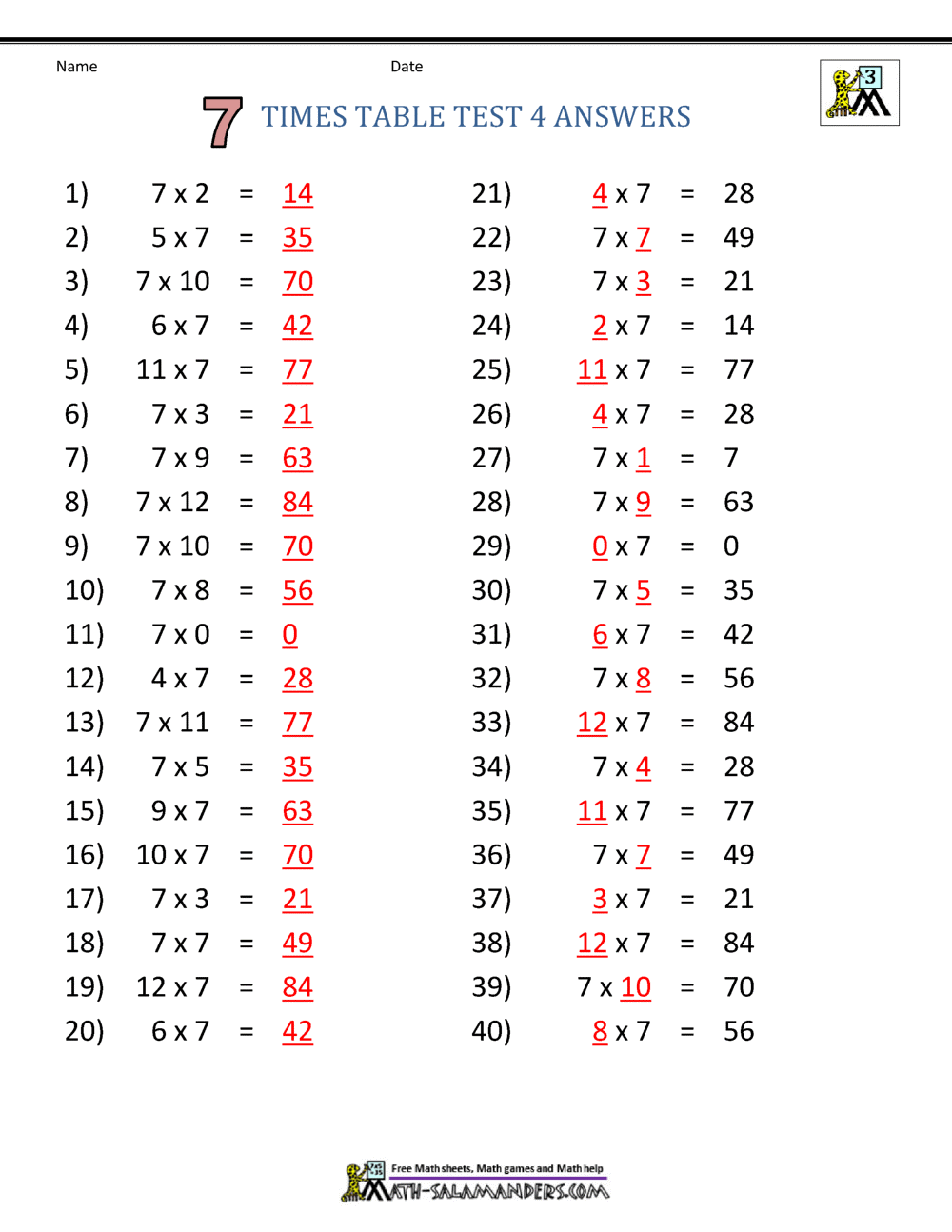 Free Times Table Worksheets - 7 Times Table