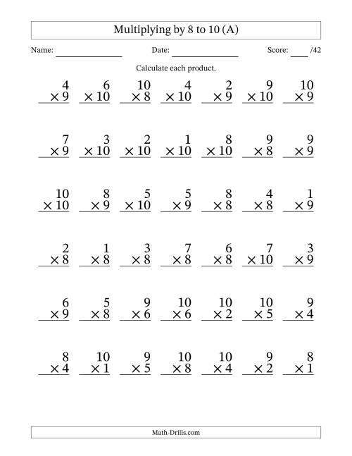 multiplying with 6 7 and 8 math drill work sheets