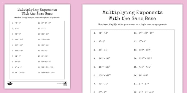 Eighth Grade Multiplying Exponents With the Same Base Practice