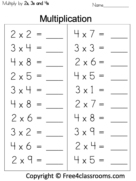 Free Multiplication Worksheet - 2s, 3s and 4s - Free Worksheets ...
