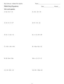 Multi-Step Equations Worksheet for 8th - 9th Grade | Lesson Planet