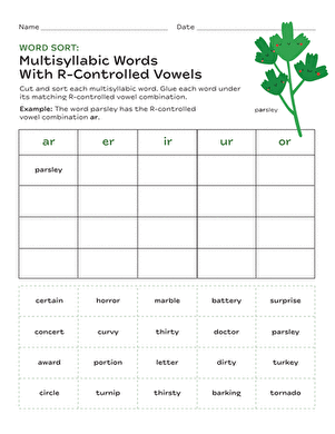 Word Sort: Multisyllabic Words with R-Controlled Vowels ...