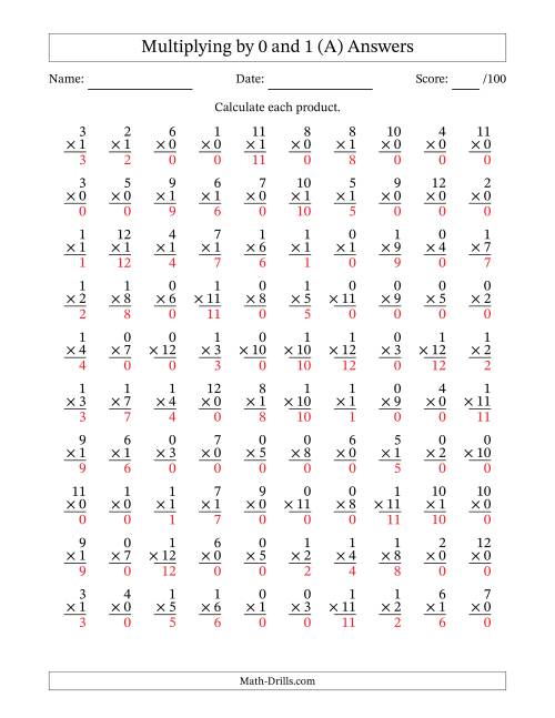 Multiplying (1 to 12) by 0 and 1 (100 Questions) (A)
