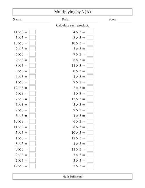 Horizontally Arranged Multiplying (0 to 12) by 3 (50 Questions) (A)