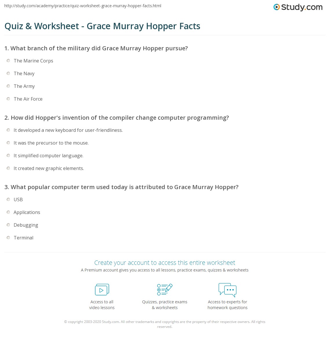 Quiz &  Worksheet - Grace Murray Hopper Facts | Study.com