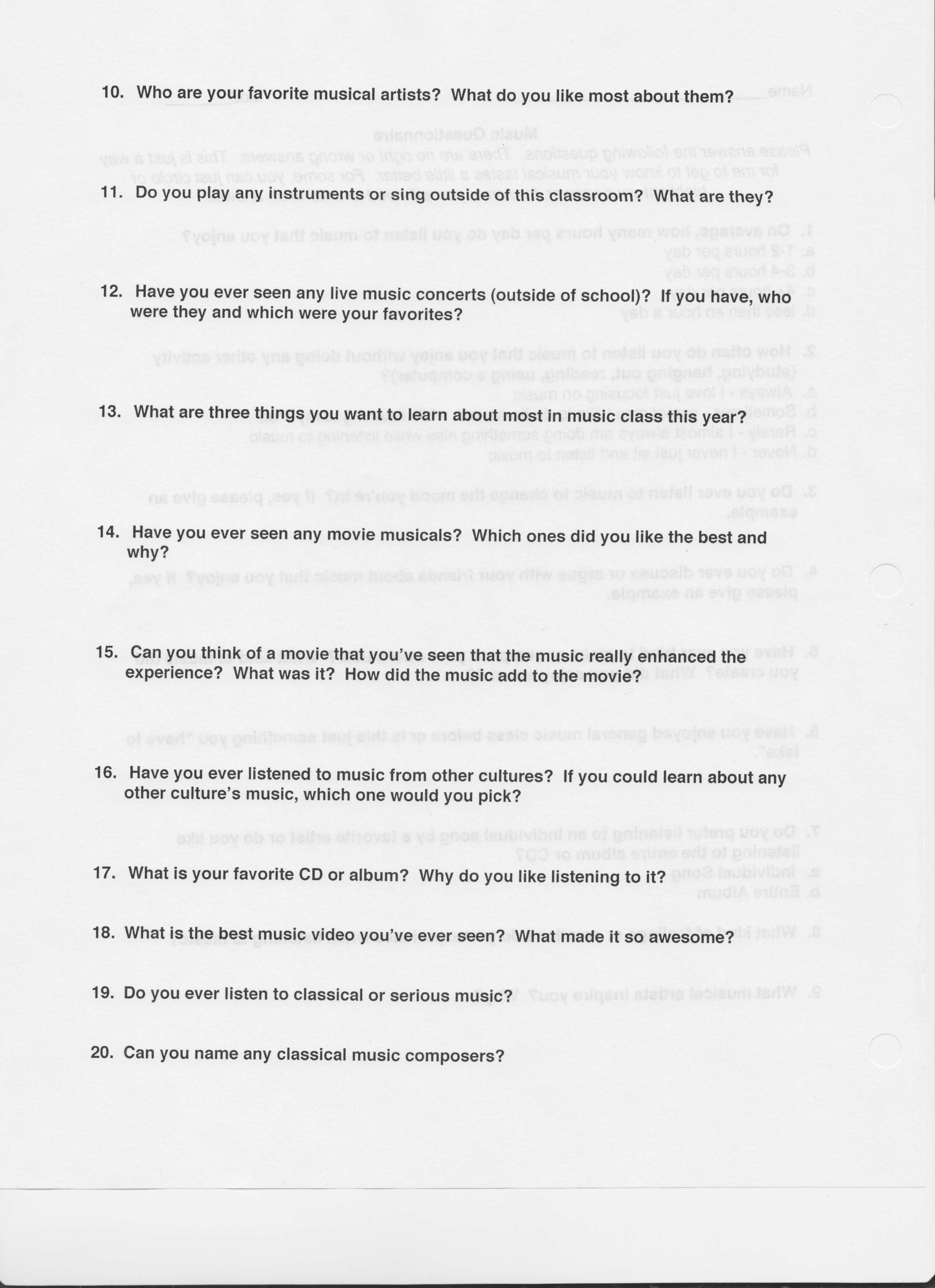 music history worksheet for middle school