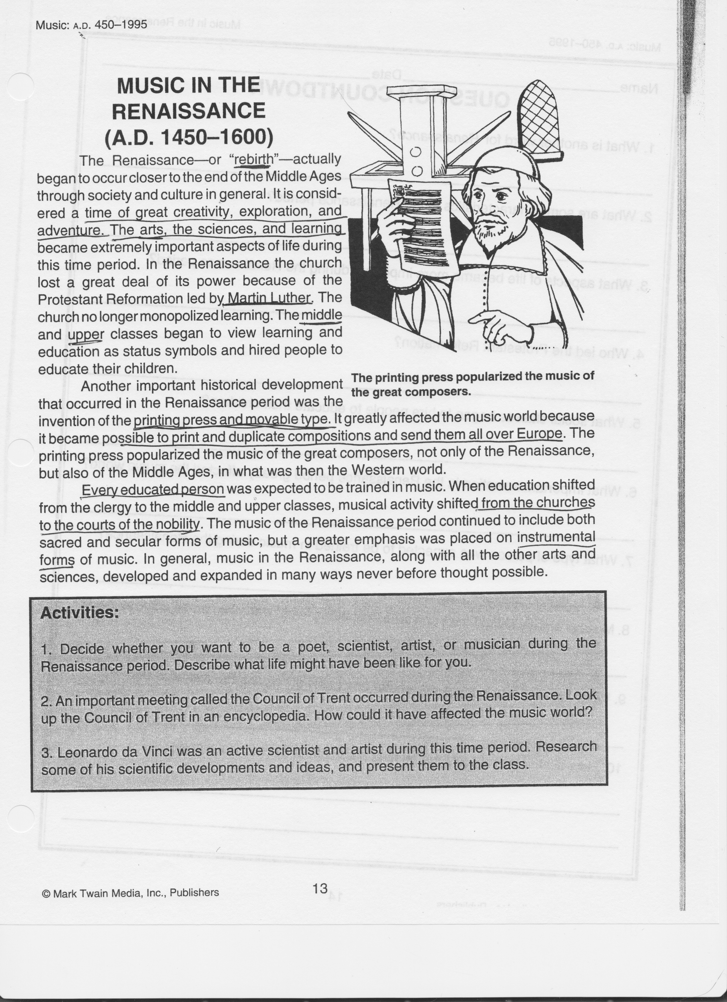 music history worksheet for middle school