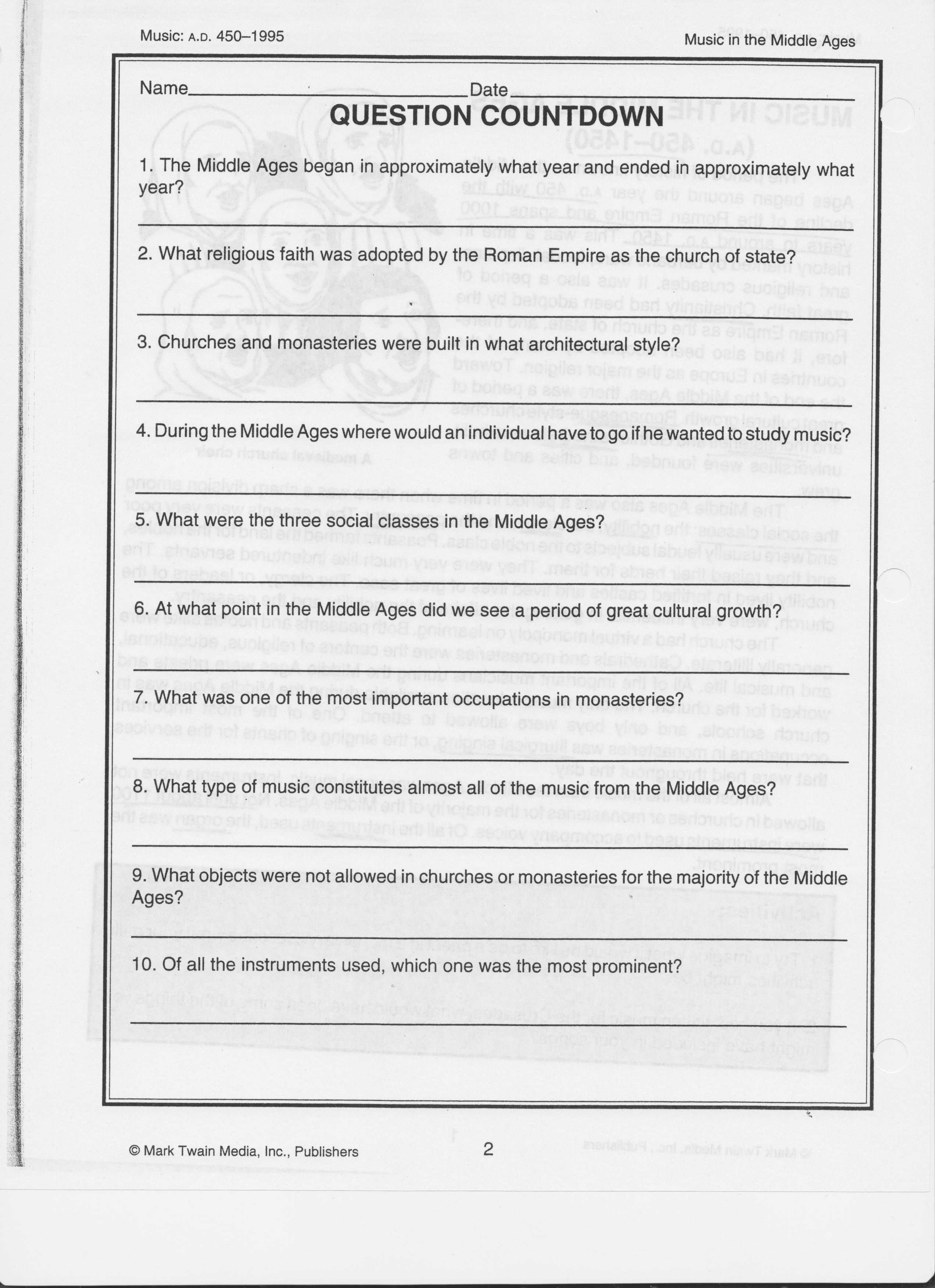 music worksheet middle school