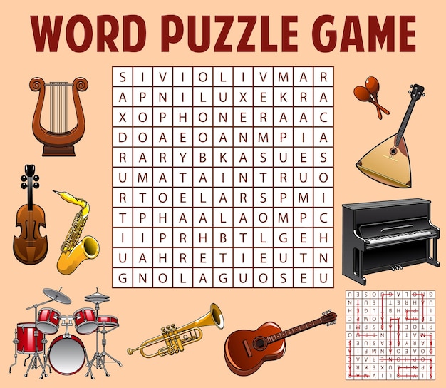 Premium Vector | Musical instruments word search game worksheet