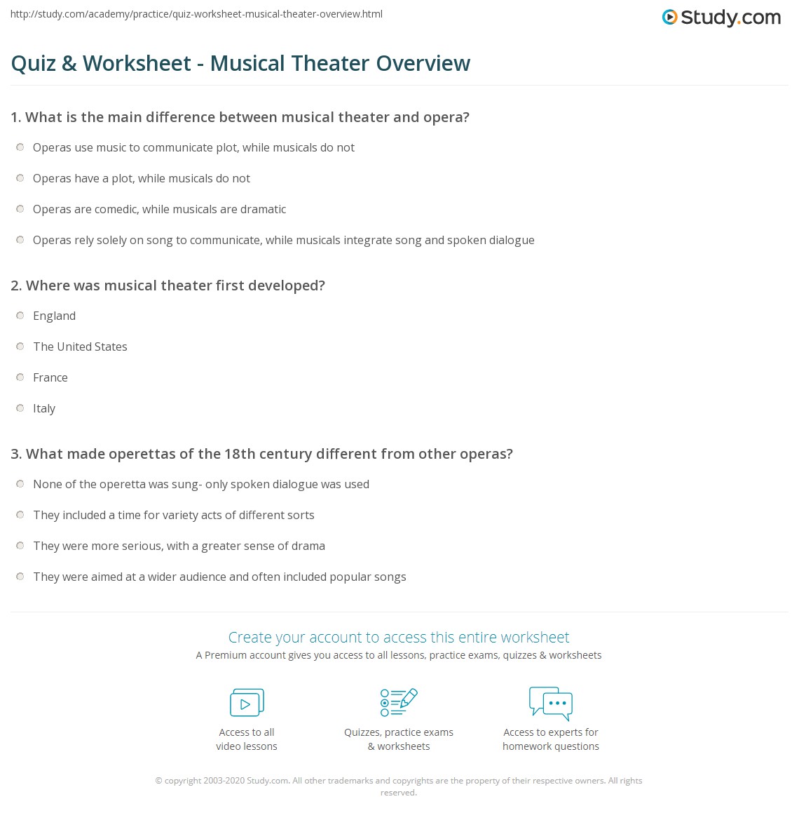 Quiz & Worksheet - Musical Theater Overview | Study.com - Worksheets ...