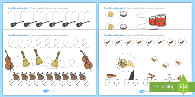 Musical Instruments Pencil Control Worksheets - Twinkl