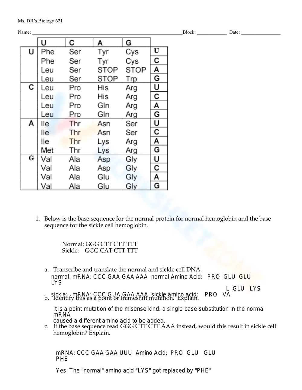 mutations worksheet answers biology