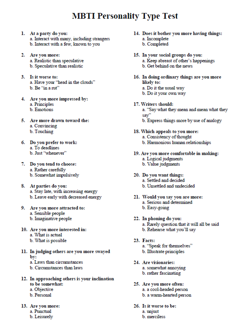myers briggs personality test printable version