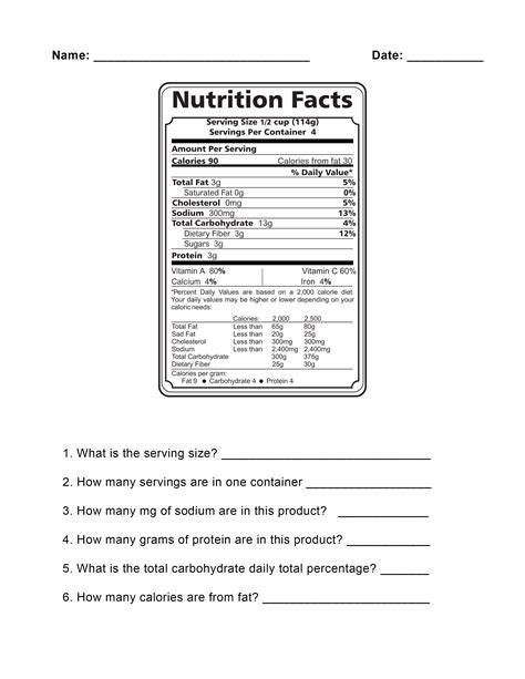 Nutrition Facts Worksheet